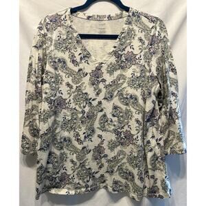 J Jill Womens Large Printed Floral Paisley V-Neck Tee Top Shirt Beach Boho